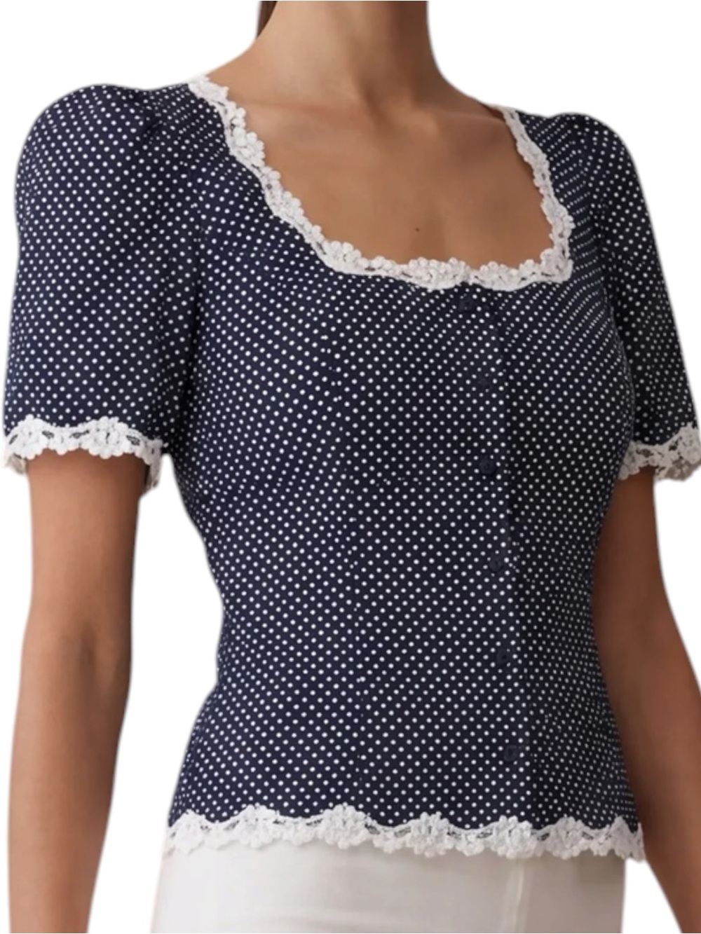 Kourt Few Moda Wilma Linen Top Polka Dot Lace Trim Navy Blue NWT